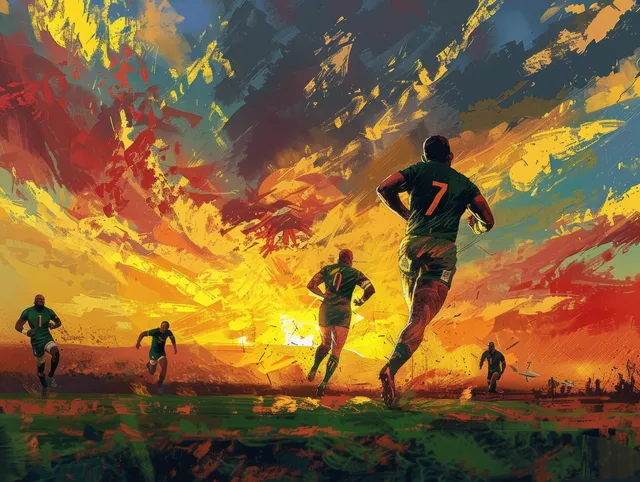 South African rugby sevens players sprint and celebrate on a field under a blazing sunset sky.