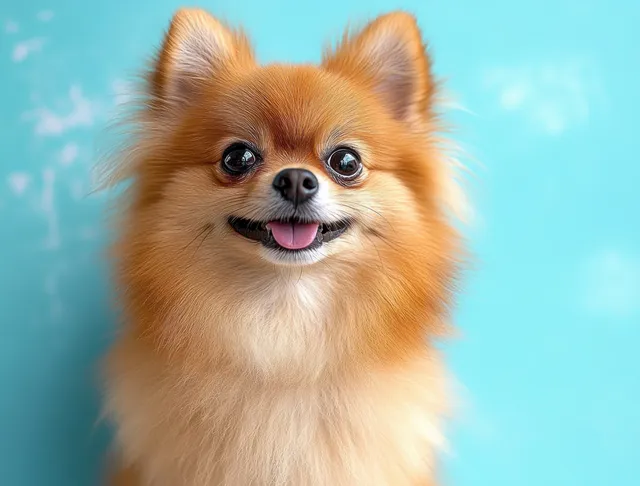 Fluffy golden small dog smiling with tongue out in a close-up portrait against a light blue background.