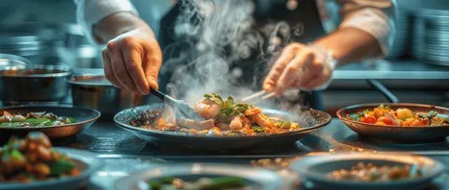 Chef hands garnish plated entrée as steam rises in a glowing fine-dining kitchen
