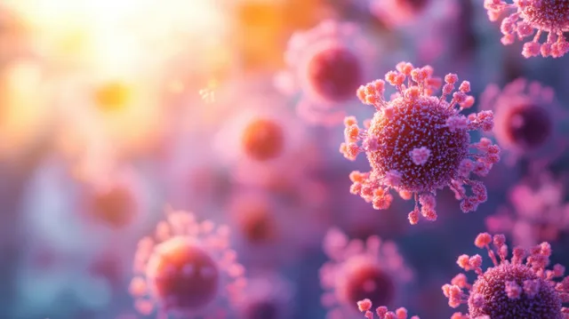 Colorful measles virus particles float through an airy background with a vaccination shield concept.