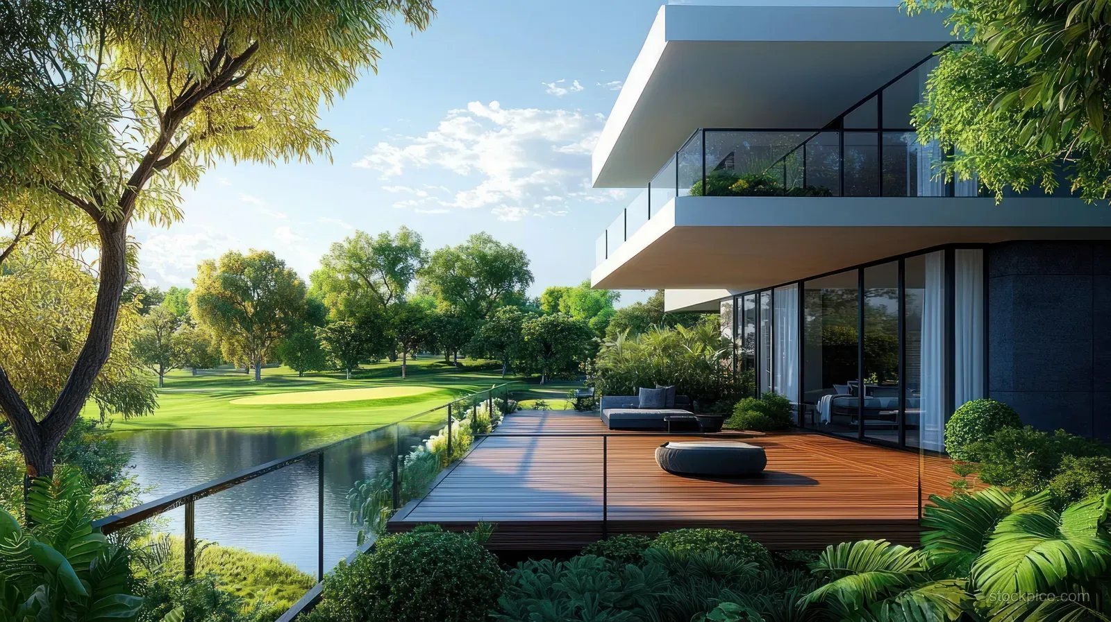 Modern house with glass walls and a wooden deck overlooking a lake and green golf course.