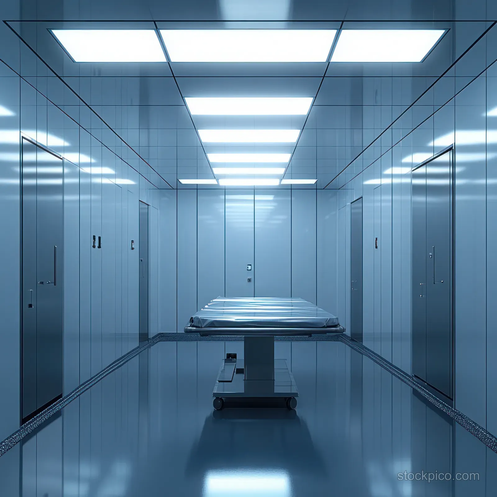 Empty sterile morgue corridor with stainless autopsy table and fluorescent ceiling lights.