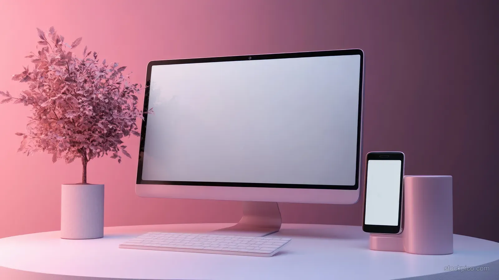 Minimalist workspace showing a blank monitor, smartphone on a stand, and a pink-leaf plant on a curved white desk.