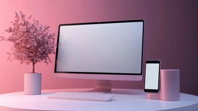 Minimalist workspace showing a blank monitor, smartphone on a stand, and a pink-leaf plant on a curved white desk.