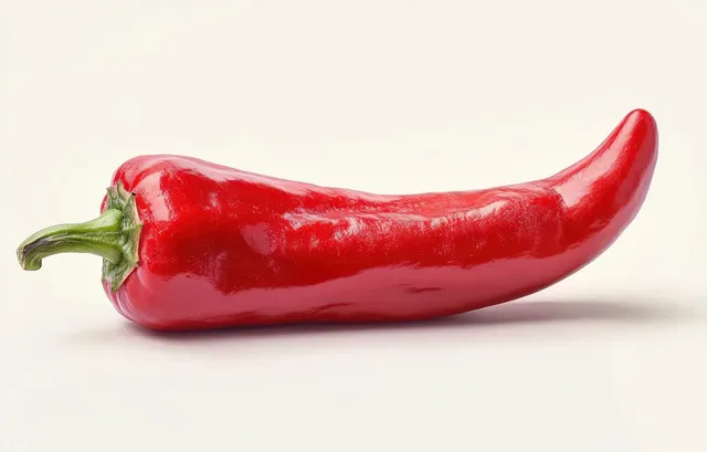 A single glossy red chili pepper with a green stem lies on a white background.