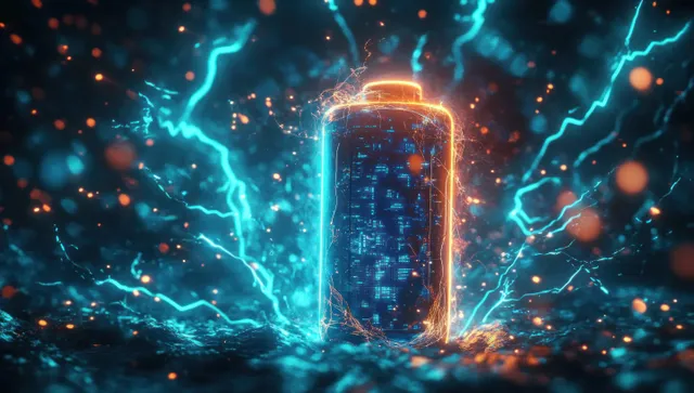 A glowing futuristic battery is surrounded by blue lightning bolts and circuit lines in a digital energy field.