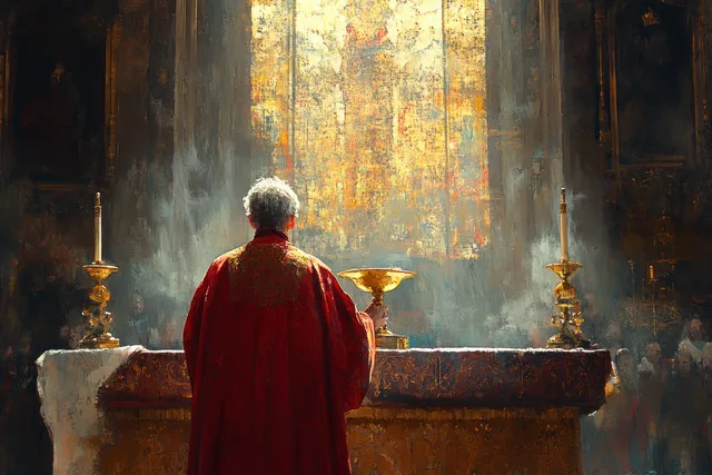 Priest in red vestments holds communion near the altar as golden light streams through church windows.