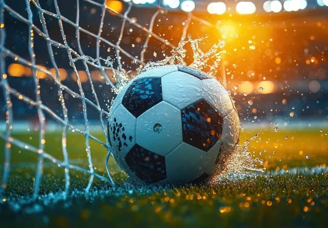 A soccer ball bursts through the goal net, sending water droplets flying over wet grass at dusk.
