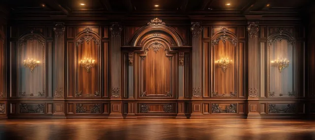 Empty grand room with ornate wooden paneling and warm golden chandelier lights reflecting on the polished floor.
