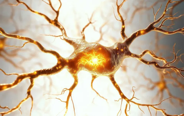 Glowing neuron close-up with branching dendrites radiating from a bright cell body on a soft background.