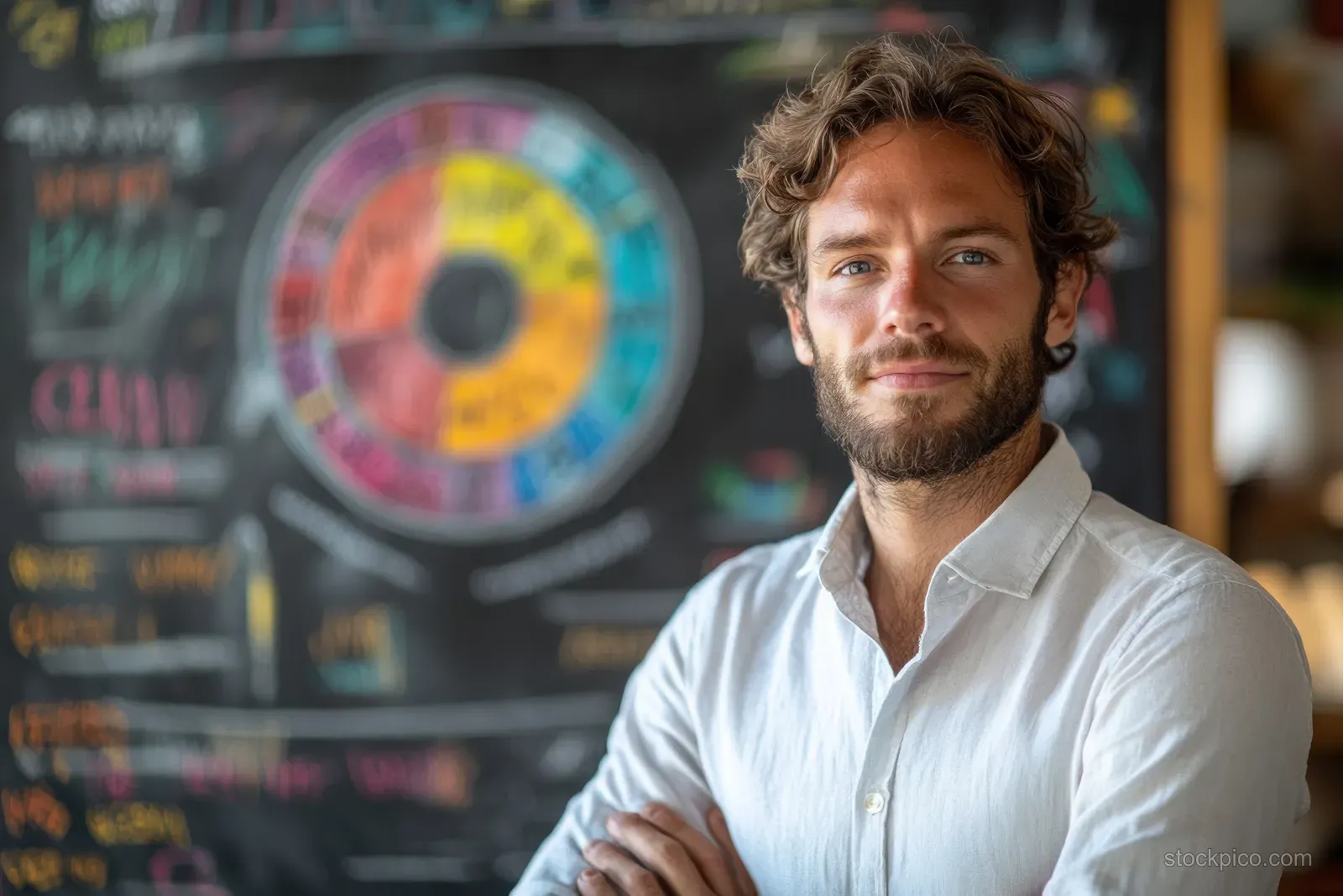 A person in a white shirt faces a chalkboard covered with colorful credit score charts and finance notes.