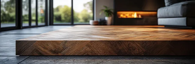 Wood parquet planks laid during flooring installation beside large sunlit windows in a modern living room.