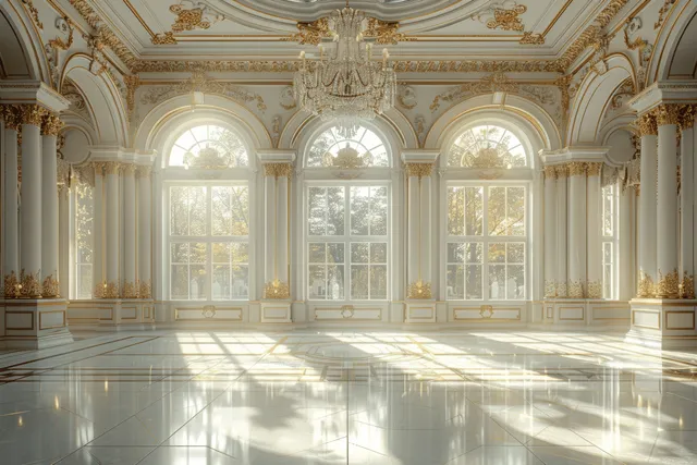 Sunlit ballroom interior with chandeliers, gold ornamented walls, arched windows, and reflective marble floor.