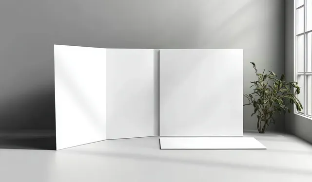 Open white folder with blank document on gray surface near window and soft shadows