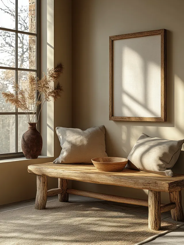 Minimalist living room corner with a wooden coffee table and a blank framed picture lit by window sunlight.