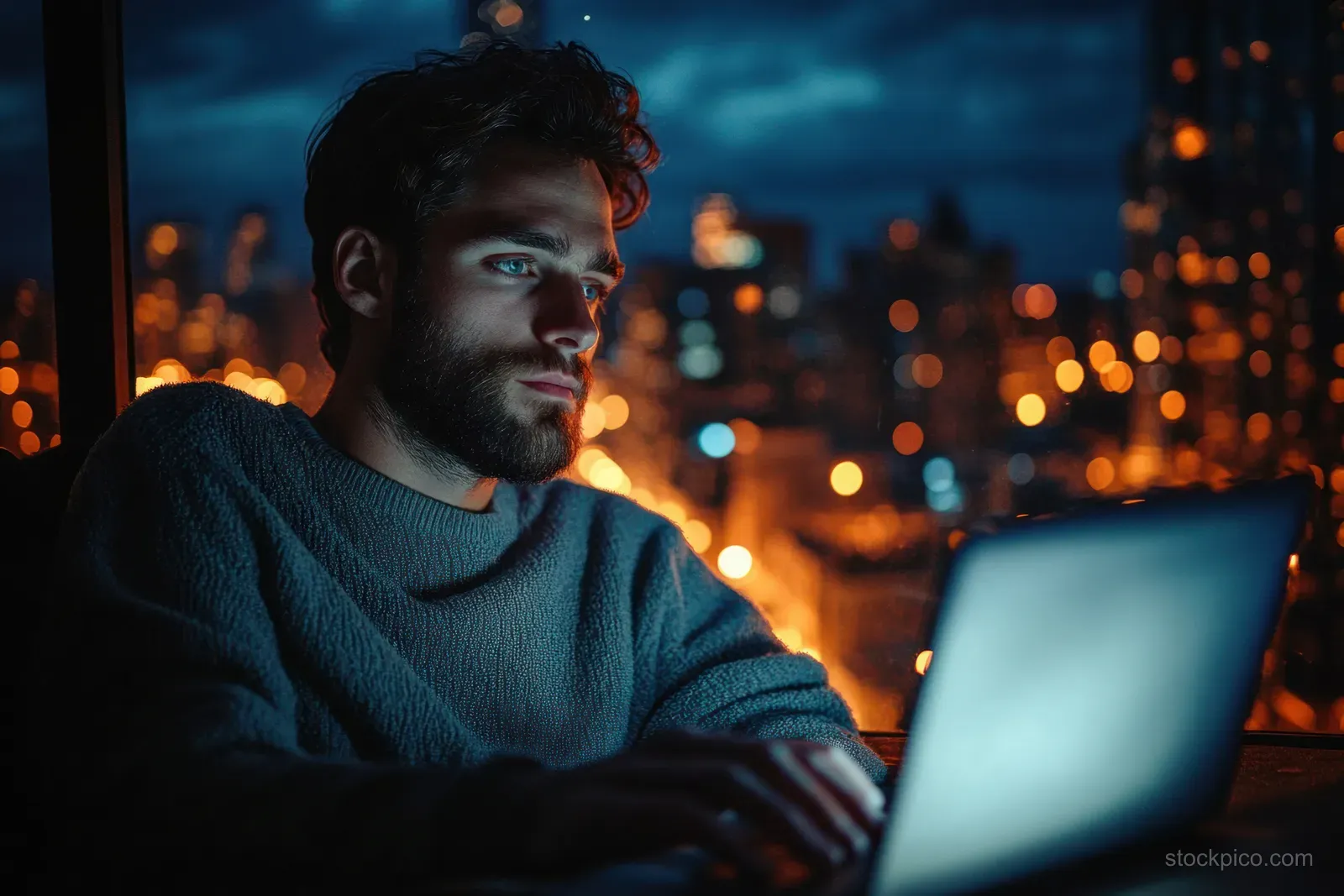 Young man typing on a laptop in a dark room with blue screen light and blurred city lights through a window.