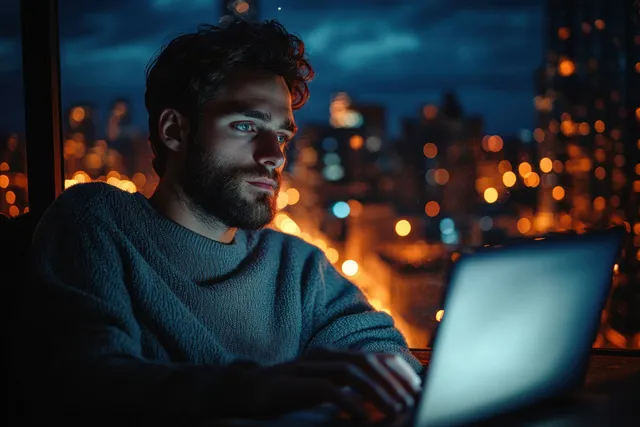 Young man typing on a laptop in a dark room with blue screen light and blurred city lights through a window.