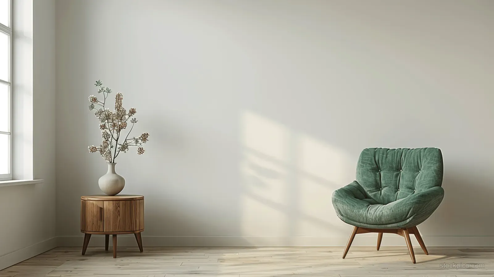 Green armchair sits beside a wooden side table with a vase in a bright minimalist living room with sunlight shadows.