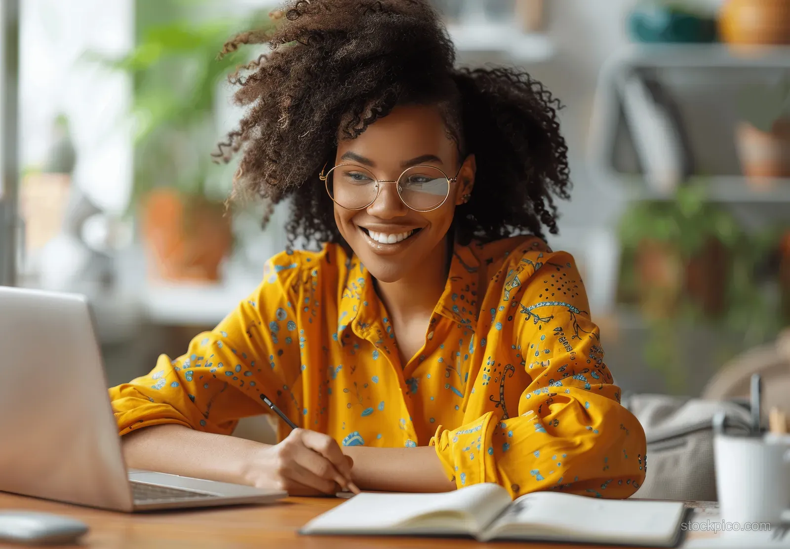 Smiling African American woman writing notes at a home desk beside a laptop in a bright yellow shirt.