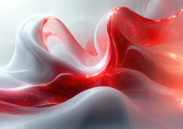 A glowing red and white energy ribbon coils through a dark background with swirling wave patterns.