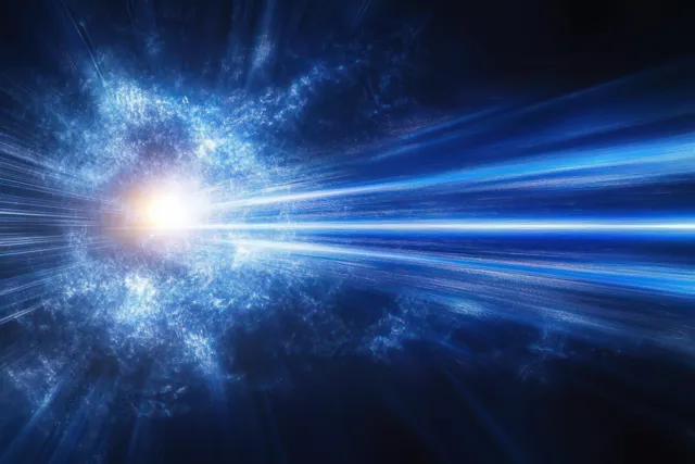 Glowing white and blue energy burst sending horizontal light beams through dark space