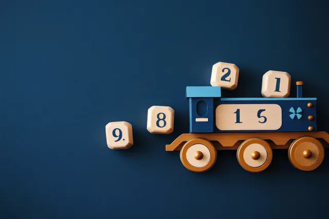 Wooden toy train with number blocks arranged on a dark blue background and loose numerals beside it.