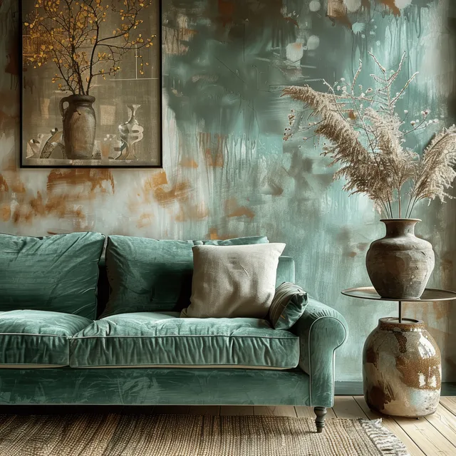 Green velvet sofa against teal stucco wall with two decorative vases and framed wall art.