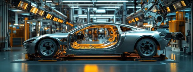 Robotic arms assemble a silver sports car chassis inside a bright high-tech automotive factory.