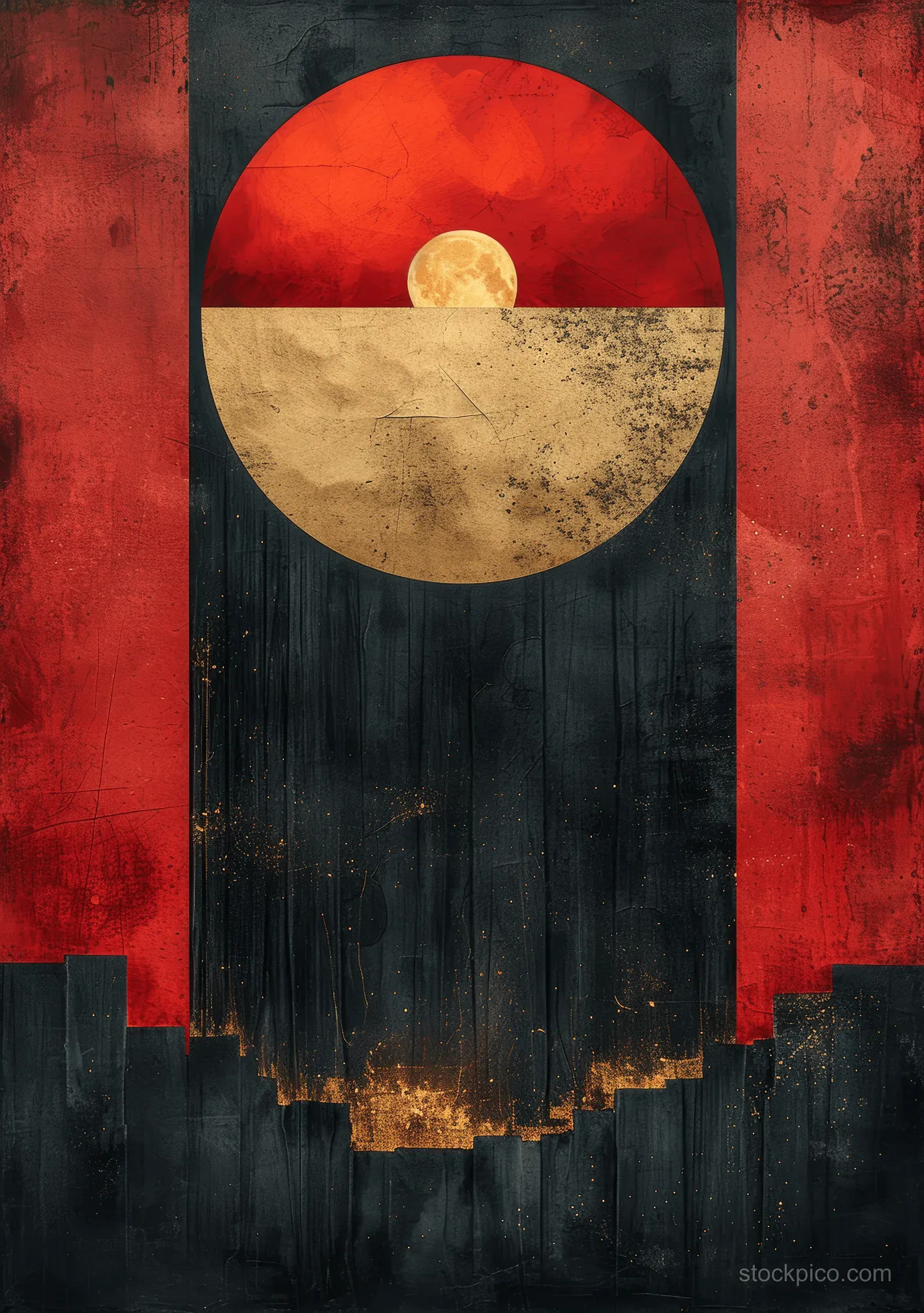 Abstract banner with red panels and a gold circular emblem centered on a dark textured background.