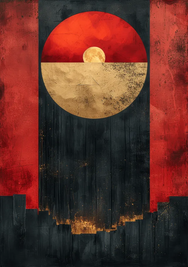 Red and gold geometric banner with circular emblem over dark textured background