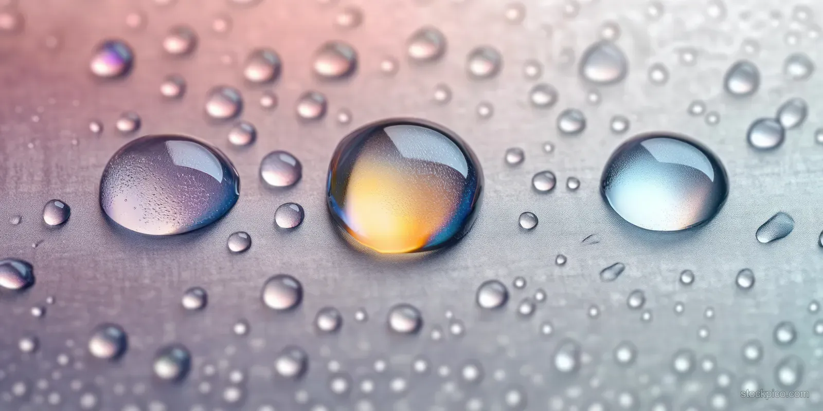 Glossy water droplets clustered on a smooth wet surface with subtle colorful reflections under soft gradient light.