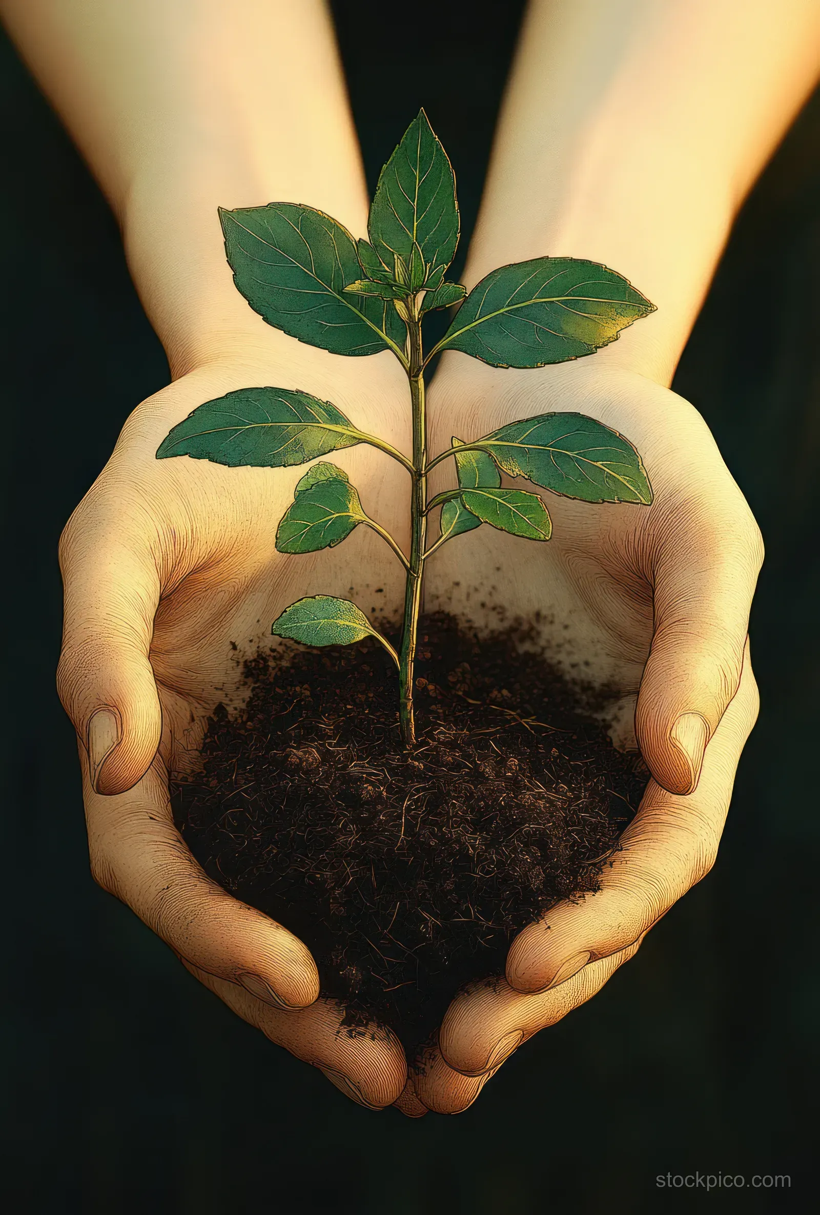 Two hands hold dark soil with a small green sapling growing upward.