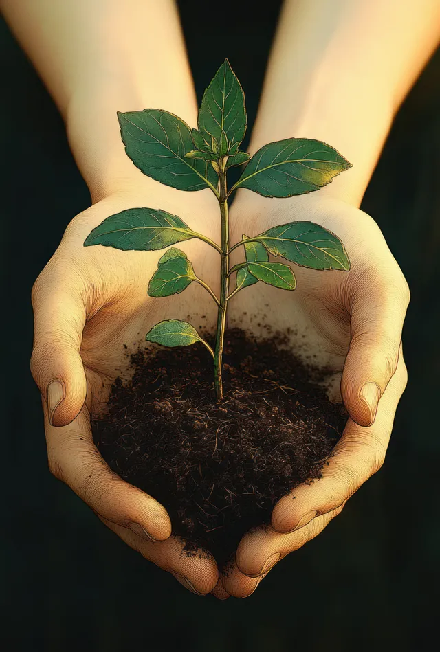 Two hands hold dark soil with a small green sapling growing upward.