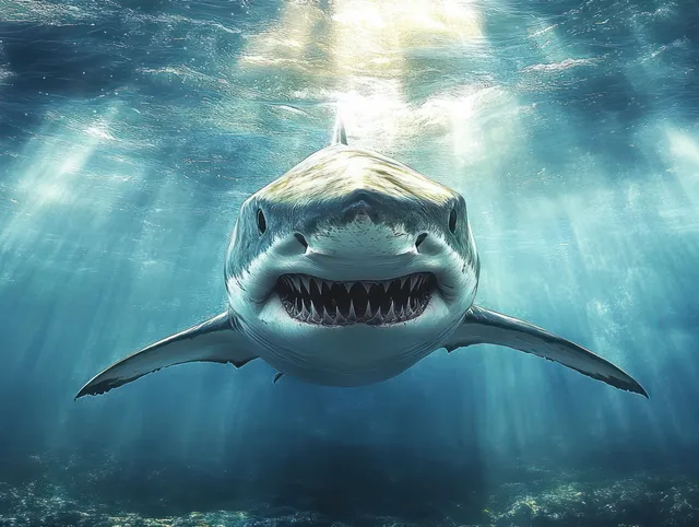 Great white shark swims toward the camera above a coral reef, with teeth bared and sunlight rays filtering through water.