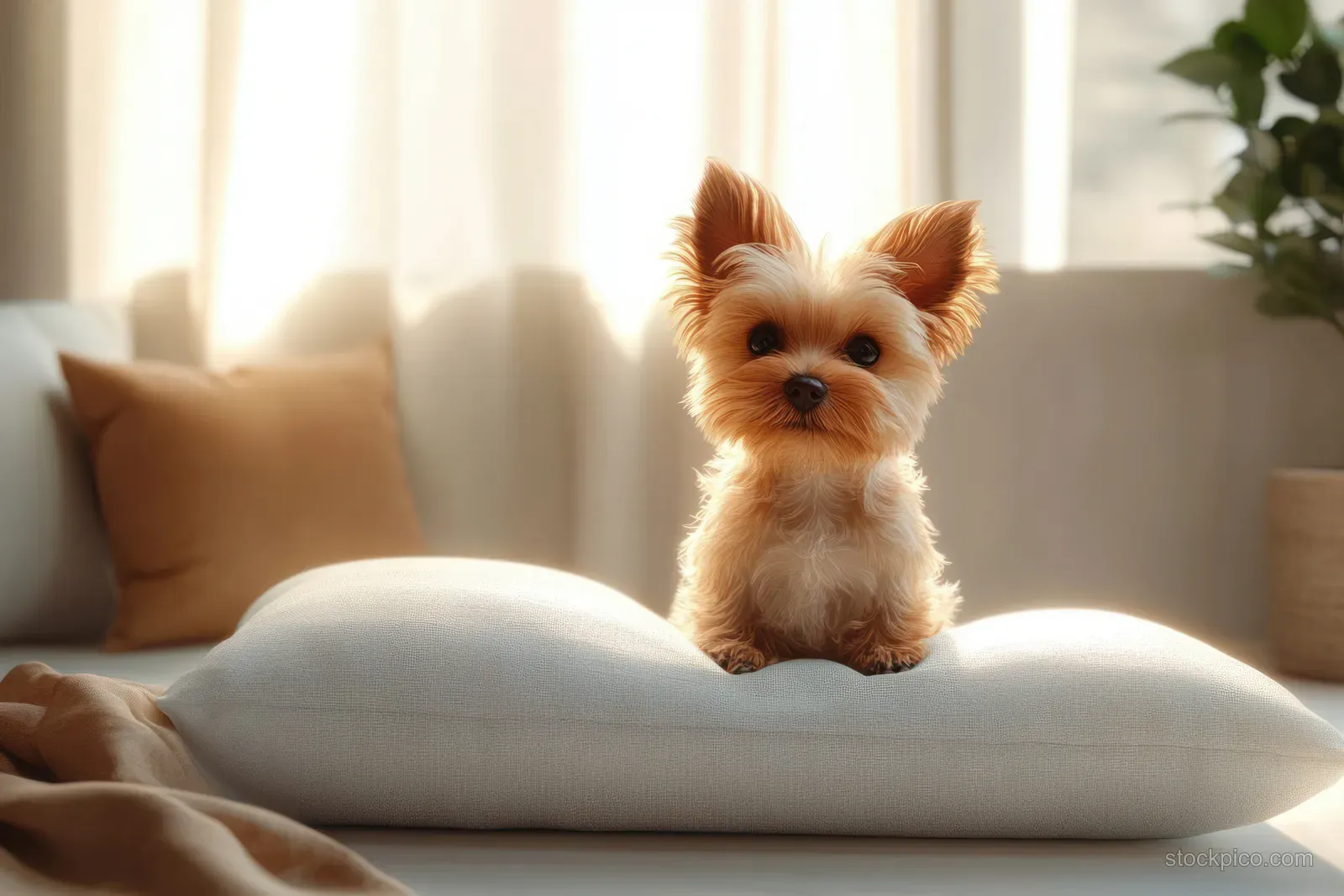 A small fluffy dog sits attentively on a white pillow in a softly lit neutral-toned living room.