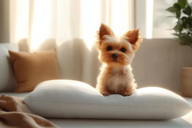 Small fluffy dog sitting attentively on a white pillow in a softly lit living room