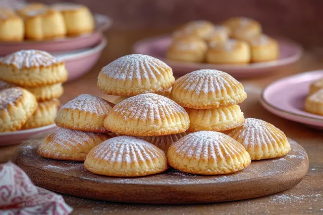 Shell-shaped cookies dusted with powdered sugar are piled on a wooden board beside more cookies on pink plates.