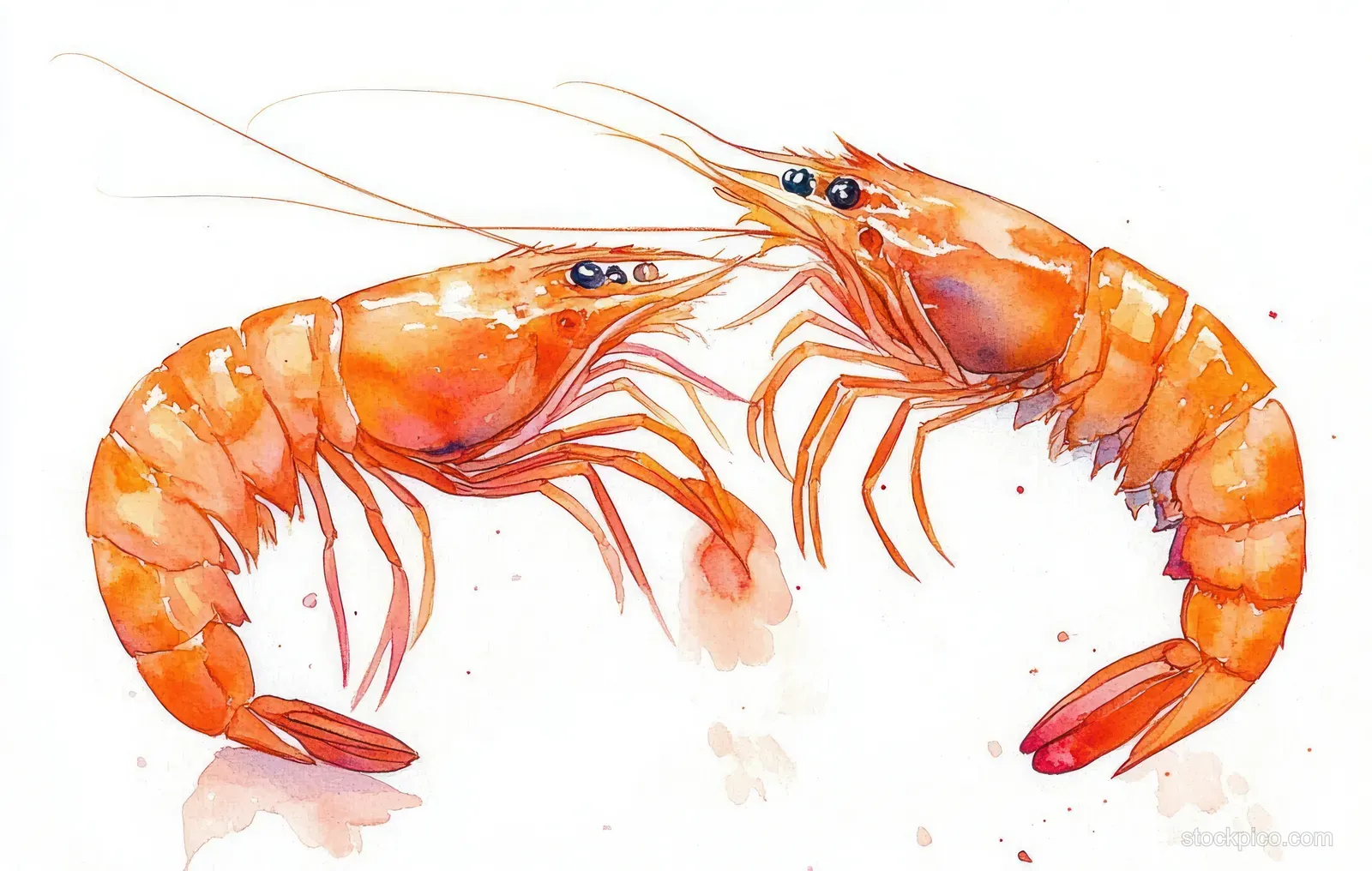 Vibrant watercolor shrimp illustration in orange-red tones with delicate linework on a clean isolated background.