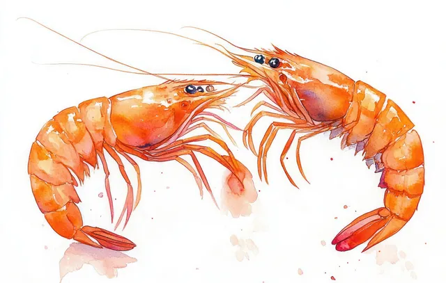 Vibrant watercolor shrimp illustration in orange-red tones with delicate linework on a clean isolated background.