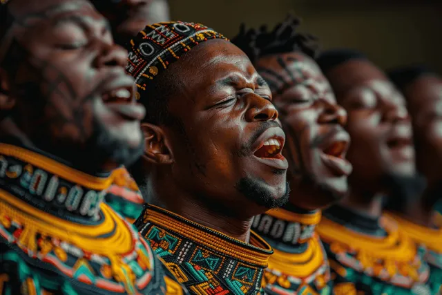 South African choir singing traditional songs in colorful patterned attire