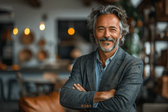 Smiling bearded executive with crossed arms standing in a softly blurred modern office lobby
