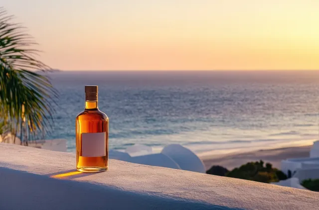 Glass bottle with amber liquid on white terrace railing overlooking calm ocean sunset