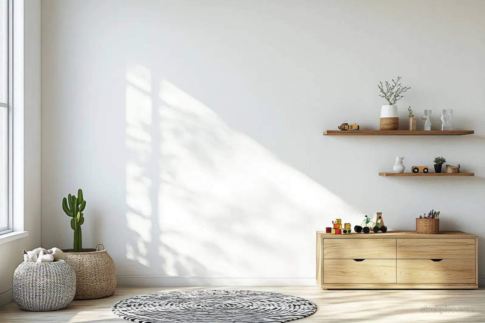 Sunlit minimalist kids room corner with wooden drawers, woven baskets, a cactus plant, and a round black-and-white rug.