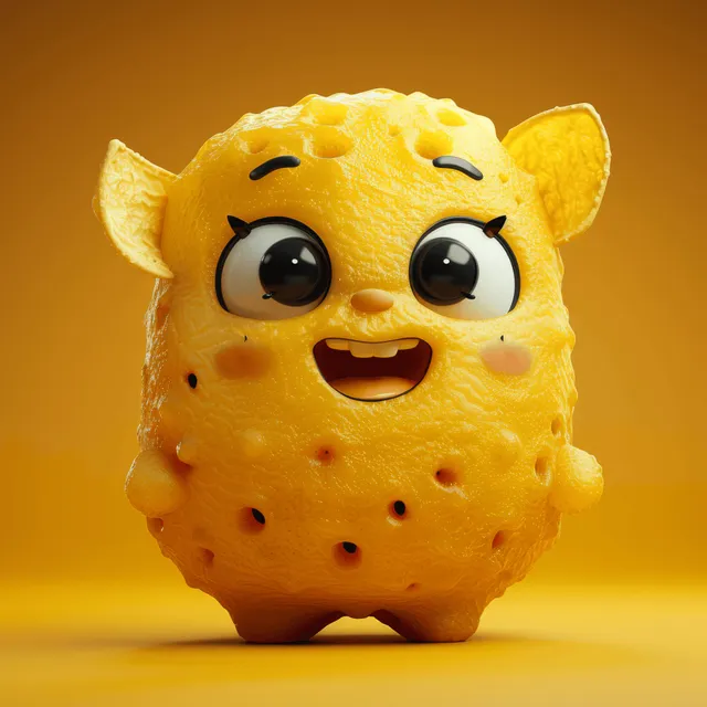 A cheerful cartoon potato chip mascot with big eyes smiles against a vibrant yellow background.