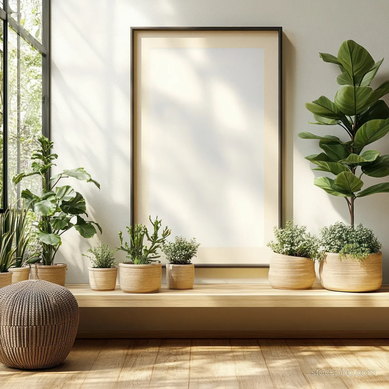 Blank framed artwork hangs above a wooden ledge with several potted plants and soft window light shadows.