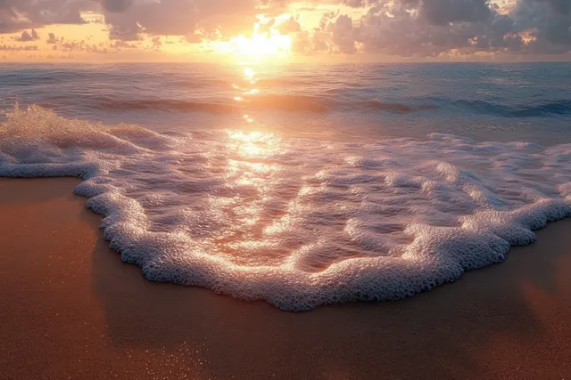 Foamy waves meet a sandy beach at golden hour with a Christmas 2025 greeting inscription visible in the sand.