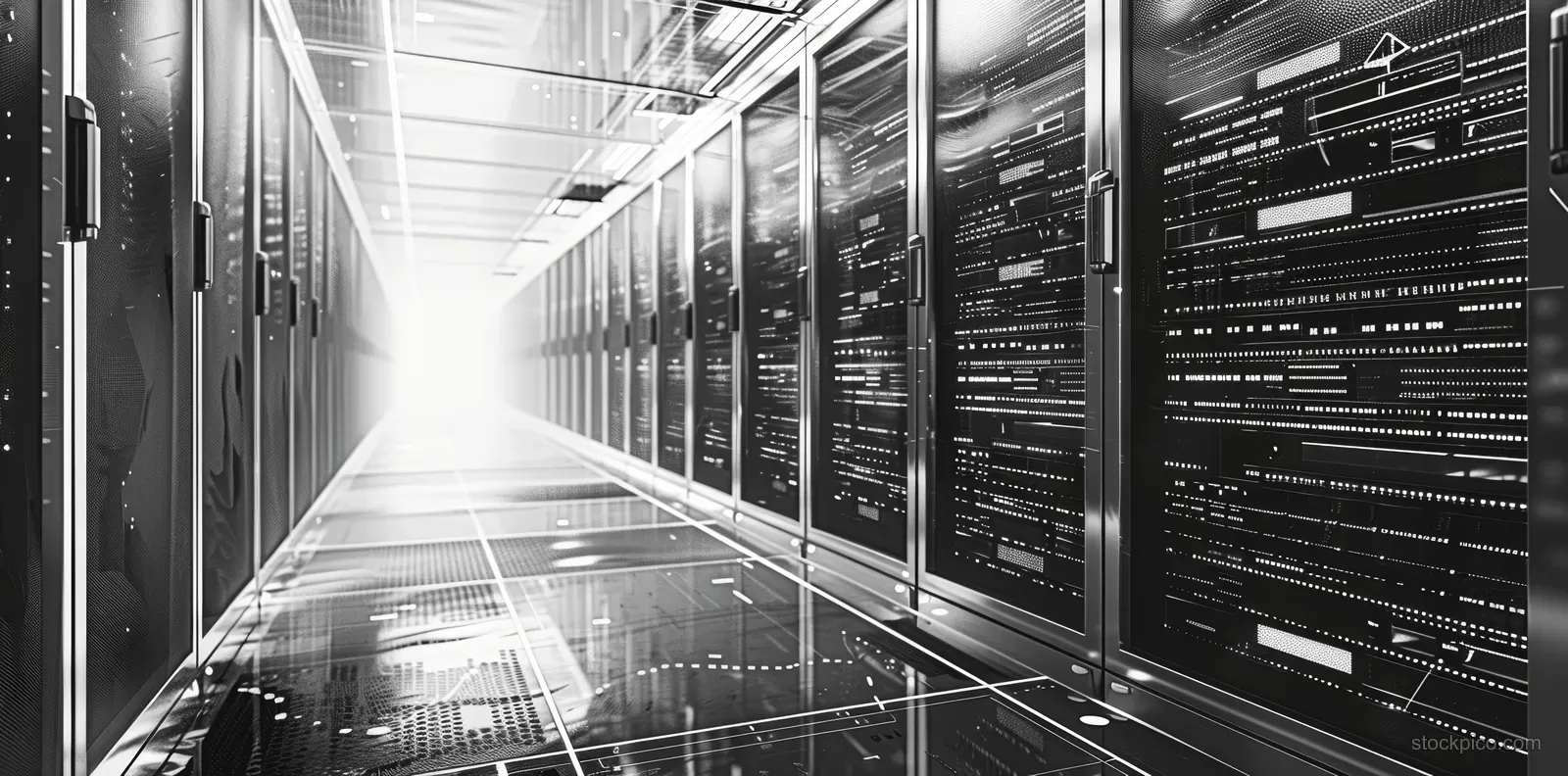 Black and white corridor of server racks with blueprint-style technical drawings and annotation lines.