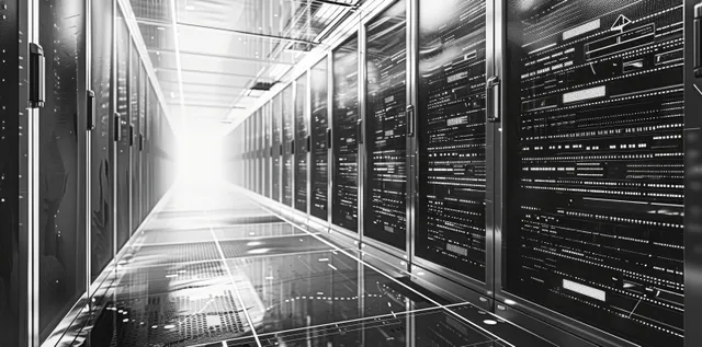 Black and white corridor of server racks with blueprint-style technical drawings and annotation lines.