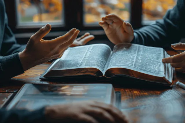 Personas alrededor de una Biblia abierta sobre una mesa en casa comentando pasajes mientras la luz del sol llena la habitación.