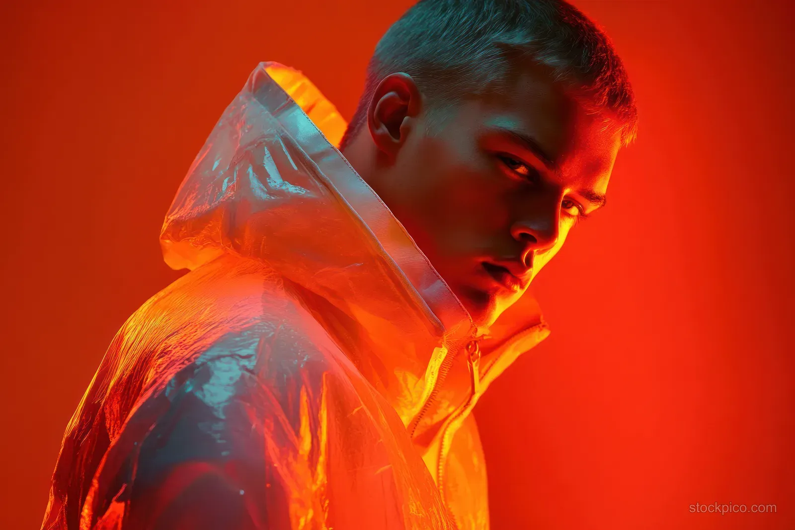 A young man poses in a translucent hooded jacket under intense red and orange studio lighting.